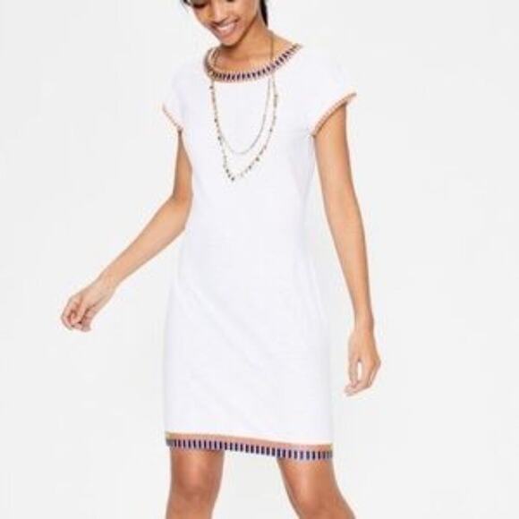 Boden Sena White Jersey Dress Embroidered Trim Casual Vacation Size 8R - Picture 1 of 9